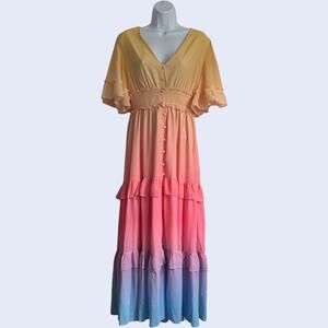 Flying Tomato M Boho Maxi Dress Rainbow Ombre Smocked Waist Festival Y2K